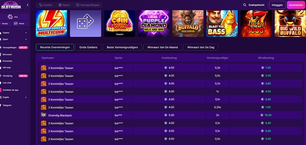 Interface van het SlotRush Casino