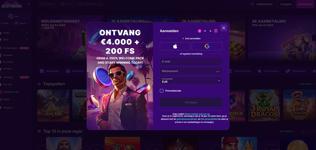 Registratie bij het casino SlotRush Casino